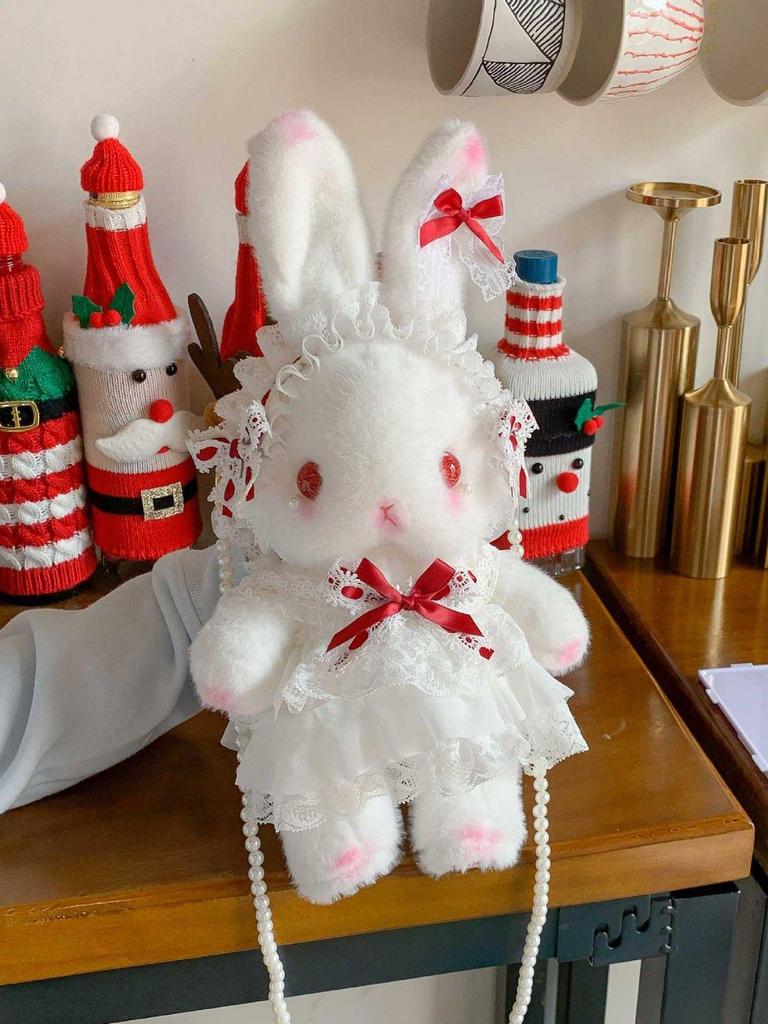 Lolita Plüsch Hasen Tasche mit Schleife, Perlenkette und Herz Design - Süße Girly Umhängetasche