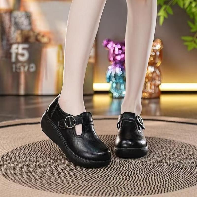 

Medium heel women s shoes autumn new round head soft sole casual retro single shoes T-shaped shoes 35 чёрный