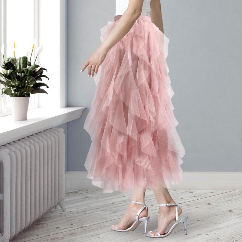 1pcs Women Tulle Skirts Layered Tutu Skirt Midi Length Elastic High Waist A Line Skirt