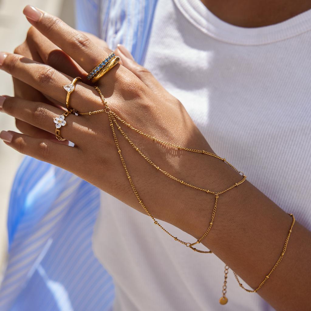 Yori Mesh Tassel Clip Bead Chain Double Finger Bracelet 18K Gold Plated Fashion Women Trendy Jewelry Bijoux for Women