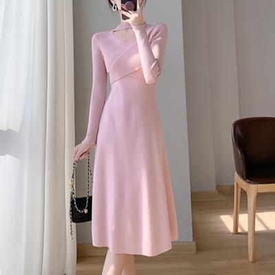 Sweet Ladies Knitted One Piece Dress 2024 Autumn Winter Long Elegant All Match Slim Bottoming Sweater Dresses Long Sleeves Casual Party Clothing