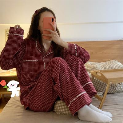 Nachtwäsche für draußen für Damen, roter karierter Pyjama, bequeme Freizeit-Hauskleidung, zweiteiliger Pyjama mit Umlegekragen für Damen