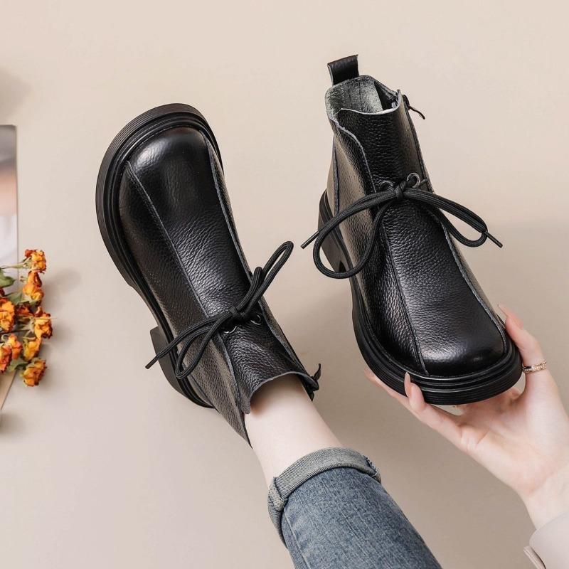 2026 Autumn Early Winter Genuine Leather Shoes Women Ankle Boots Soft Fashion Brand Ladies Party Shoes Plus Size 41 Beige Black