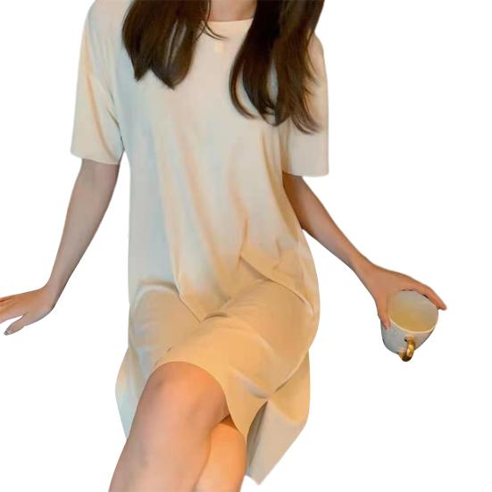 Lady Summer Dress Round Neck Loose Solid Color Short Sleeves Ice Silk Casual Clothes Homewear Pajamas Knee Length Nightdress