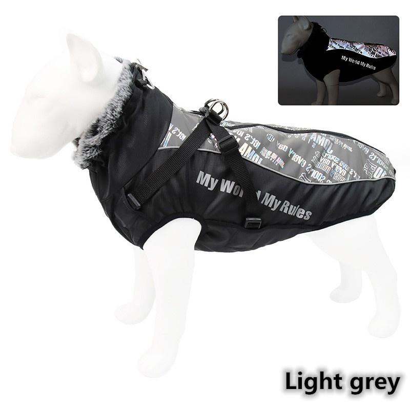 Теплая светоотражающая куртка для собак, одежда, зимний водонепроницаемый пуховик со шлейкой, жилет для средних и больших собак, для улицы XL светло-серый
