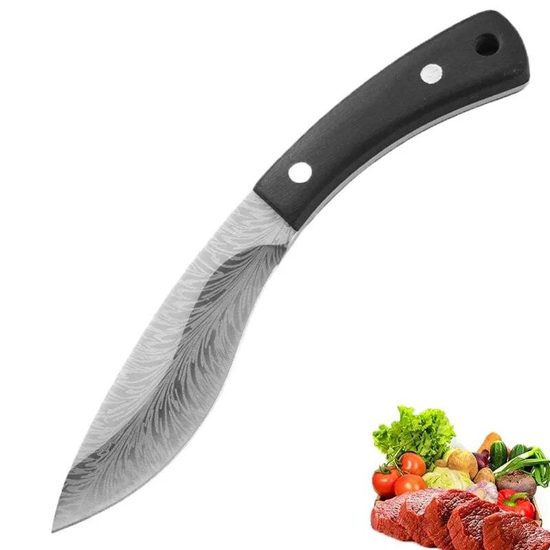 

Монгольский нож для еды мяса Узор из перьев Кухонные ножи Кованый нож ручной работы Деревянная ручка Нож для овец Обвалочный нож для мяса 1pcs