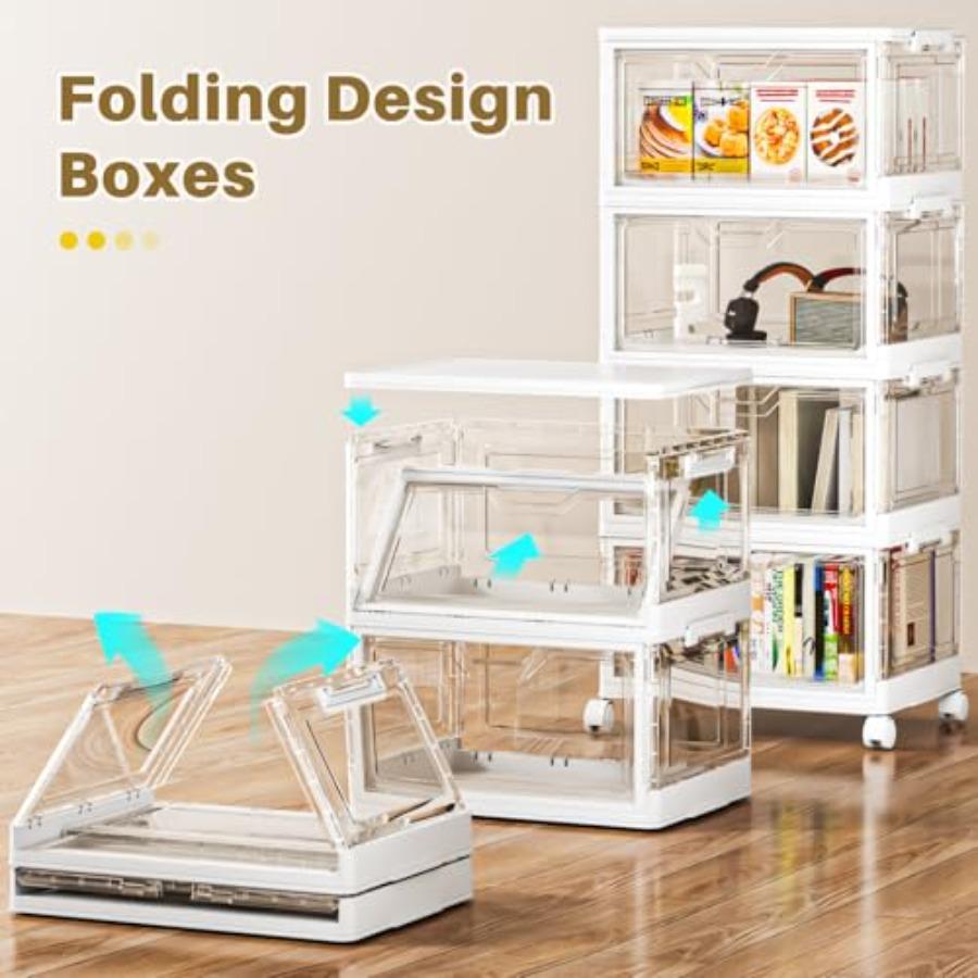 Portable Clear Storage Bins with Lid and Wheels 24QT Stackable Plastic Bins with Magnetic Doors for Bedroom Living Room Office