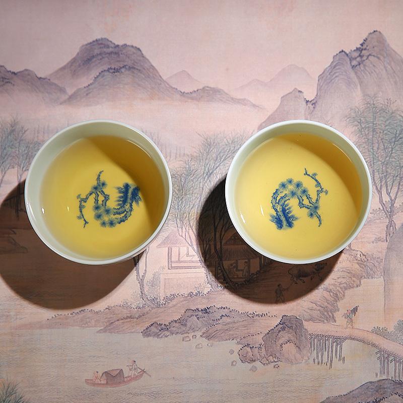 Meister Pfirsich Pflaume Nachtbankett Muster Keramik Verkostungstasse Kung Fu Teegeschirr Retro Blau und Weiß