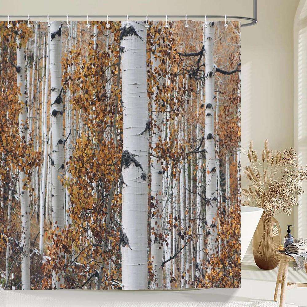 

Высококачественная тканевая шторка для душа из березового леса, водонепроницаемая, с принтом природного ландшафта, занавески для ванной комнаты для декора ванной комнаты с крючками W180xH200cm