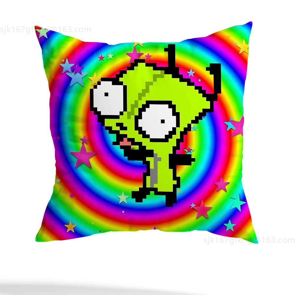 Green Invader ZIM Pillow Case Square Double-Sided Printing Short Plush Sofa Cushion Cover Bedroom Bedside Pillow