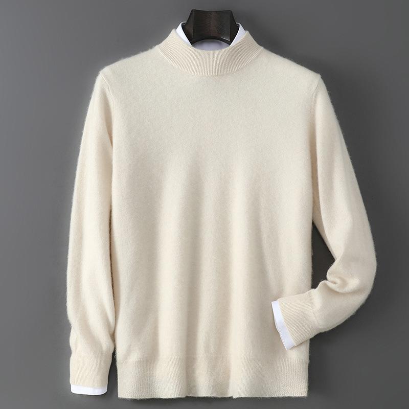 Men's 100% Pure Wool Half-High Neck Sweater - Solid Color, Business Casual Knit Base Layer Top