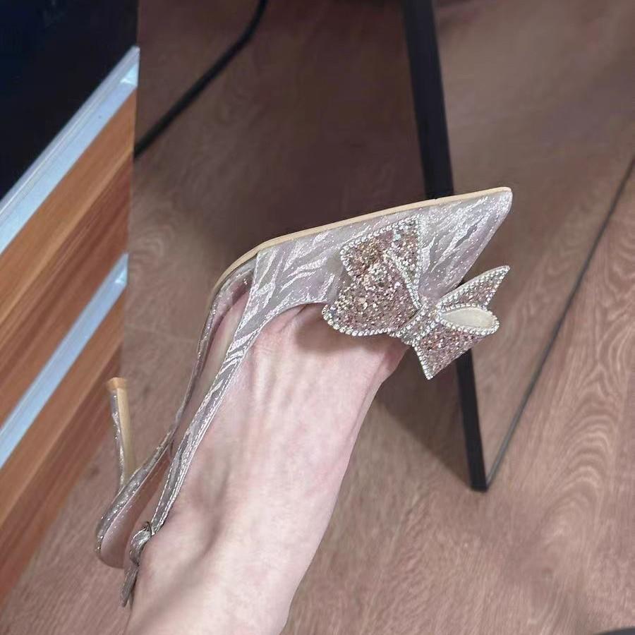 Thin Heel Pointed Head Bag Head Autumn Bride Shoes Fashion Rhinestone Bridesmaid High Heels Sandals New Crystal Wedding Shoes