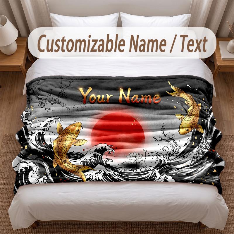 Koi Fish Theme Soft Blanket Personalized Custom Name Text Print Warm Blanket Home Sofa Bedroom Decor