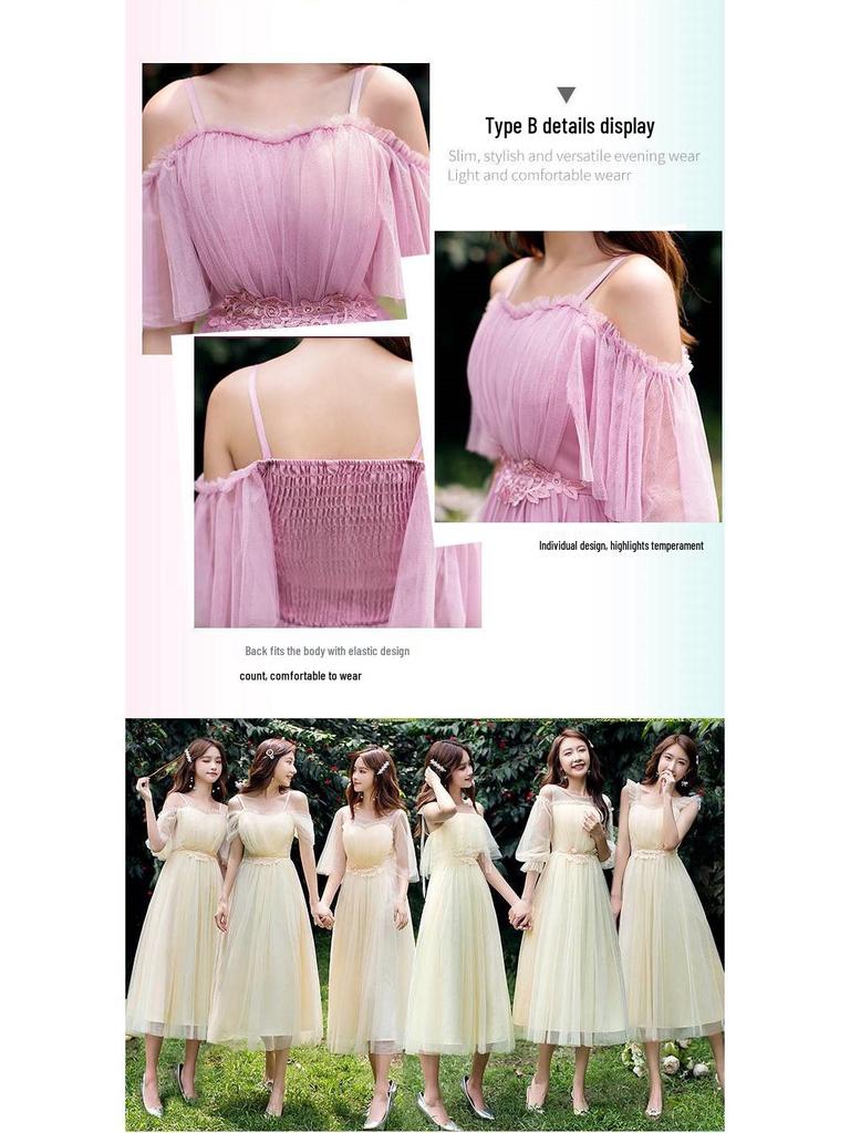2025 New Off-the-Shoulder Bridesmaid Dress: Mid-Length, Slimming, with Fairy Charm for Special Occasions.