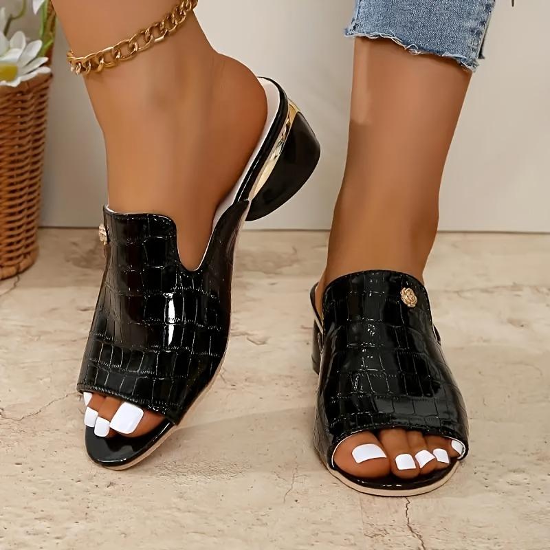 [Crocodile Sandals] Black Faux Crocodile Pattern Wedge Sandals | Women's Peep Toe with Golden Accent, Casual Slip-On Heels for All Seasons