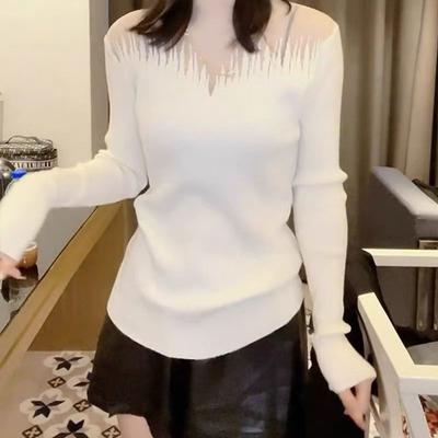 T-shirt de base européen en maille à empiècements pour femmes Printemps Automne et Hiver Haut polyvalent ajusté avec petit t-shirt intérieur