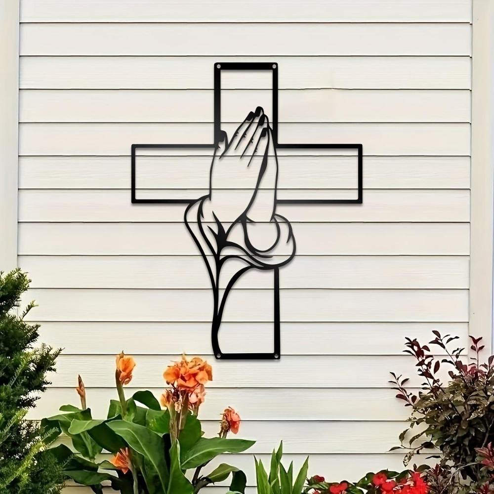Praying Hands Iron Wall Cross Modern Religious Metal Decor Living Room Artwork Housewarming Gift Home Spiritual Minimalist Sculpture