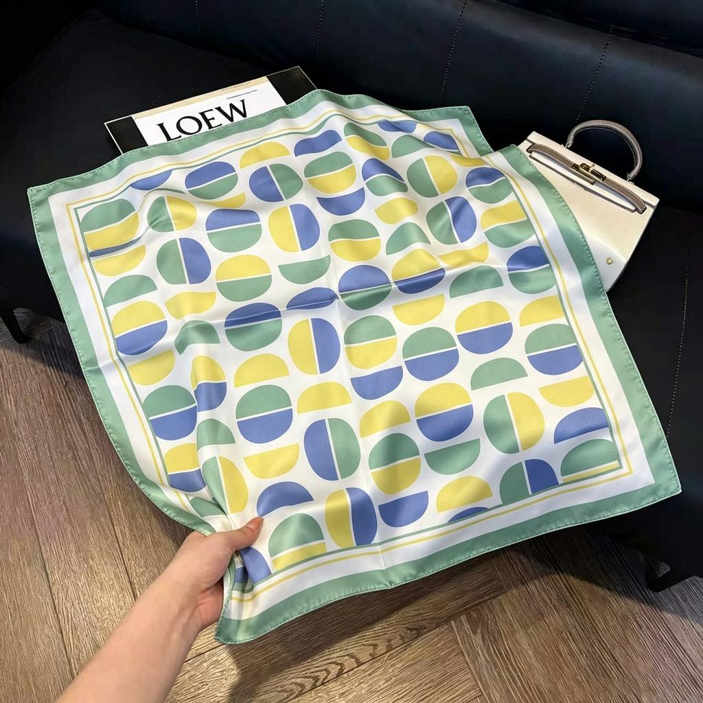 Sen green flower print fresh imitation silk scarf premium versatile square scarf neck protection scarf trendy headscarf scarf women