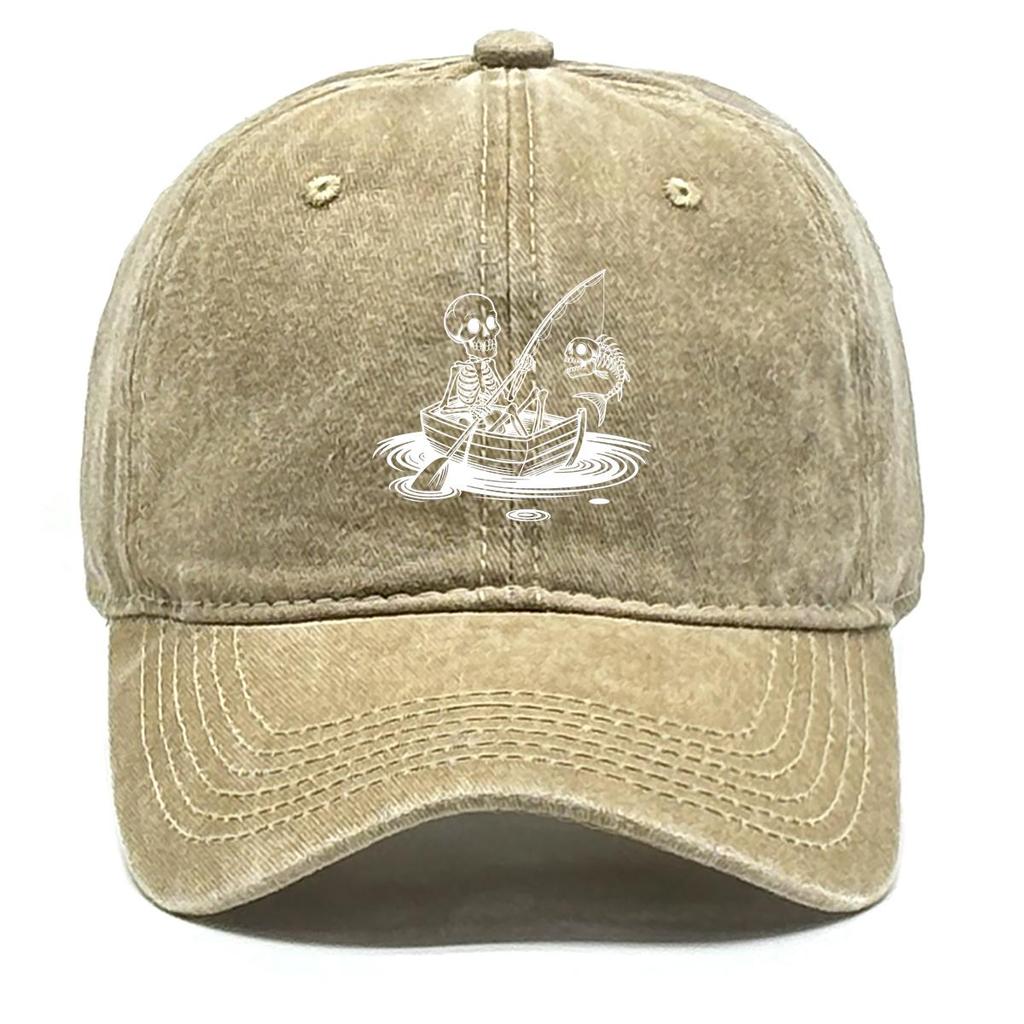 Skeleton Boating Fishing Print Adjustable Baseball Hat, Fishing Rod Trucker Hat Sun Protection Stylish Unisex Cotton Snapback Baseball Cap