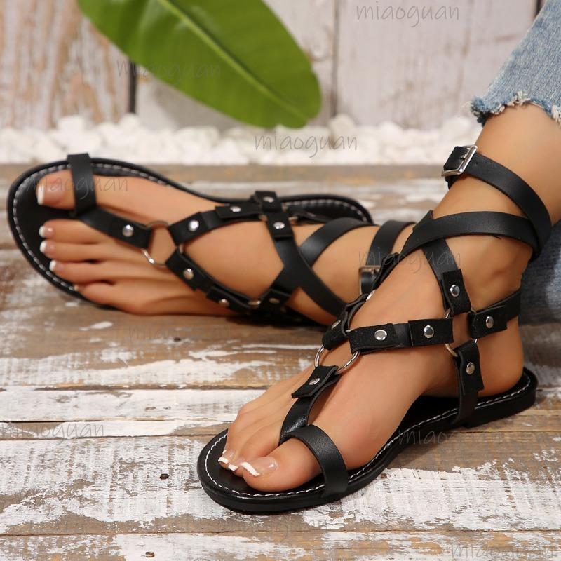 Fashion Rome Women Shoes 2025 Summer Women's Sandals Retro Ankle Buckle Rivet Gladiator Sandals British Style Plus Size36 43 Lady Shoes