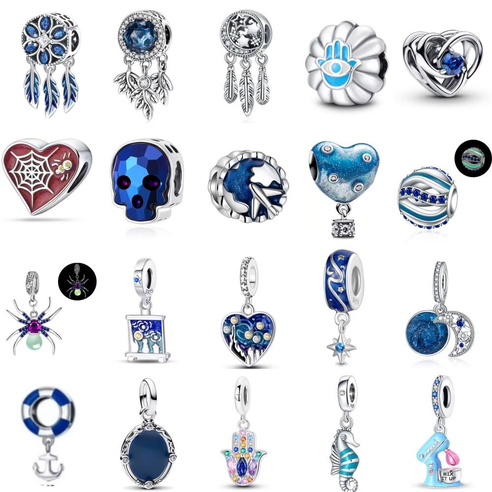 New 925 silver blue charming spider dream catcher pendant, suitable for al bracelet accessories DIY women's jewelry
