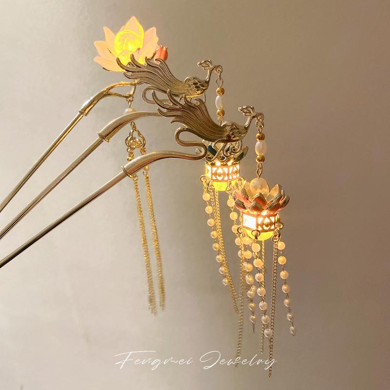 New Chinese Phoenix Luminous Lotus Tassel Hairpin Guochao Stepping Hairpin Antique Temperament Hanfu Hair Accessories Women