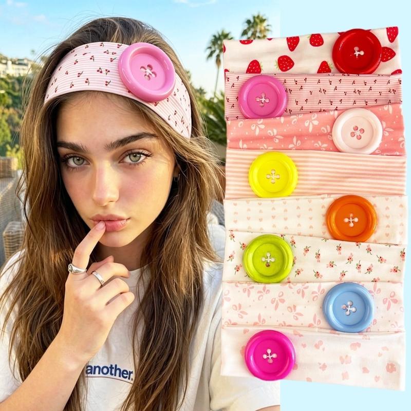 Retro Ins Style Cute Print Button Headband Women Y2K Sweet Cool Hair Accessories Cute Sweet Dating Hair Band