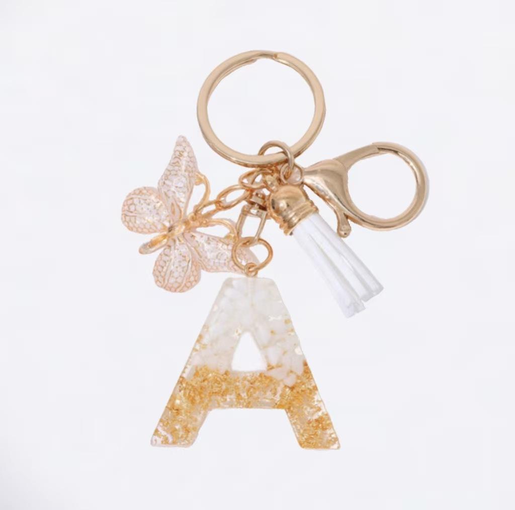 

White Butterfly Tassel Letter Keychain Resin Drop Pendant Trendy Retro Durable Bag Keychain Practical Backpack Hanging Accessory Z