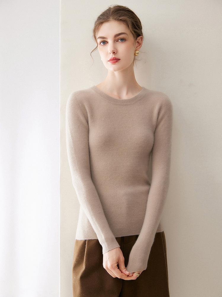 Women's 100% Pure Cashmere Seamless Sweater: Round Neck, Ribbed, Slim Fit, Minimalist Knitted Base Layer