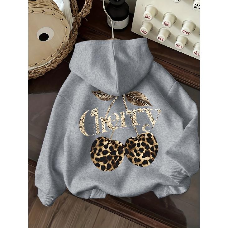 Women's Autumn Winter Hoodie - Casual Regular Fit Sweatshirt with Letter Leopard Cherry Print Top