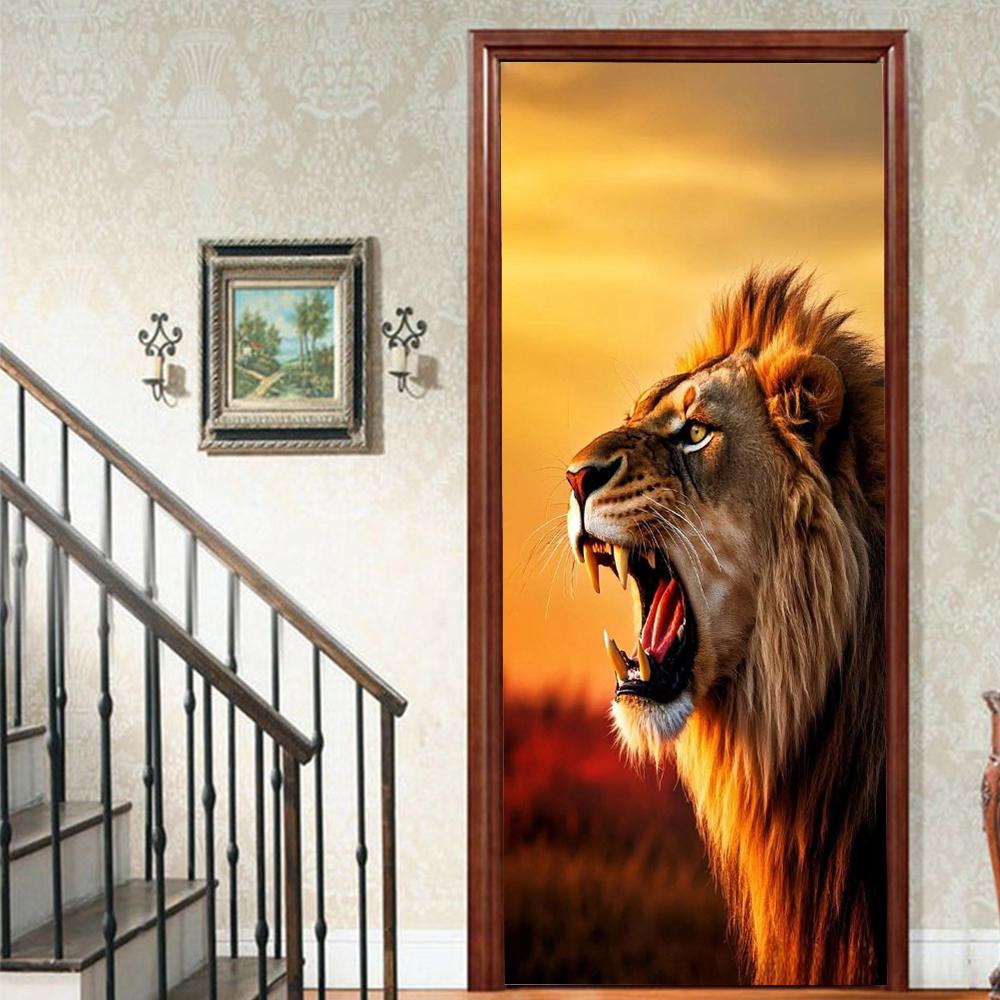 Pegatinas para puerta con diseño de león, realistas, despegables y pegables, para niños, decoración estética para sala de estar.
