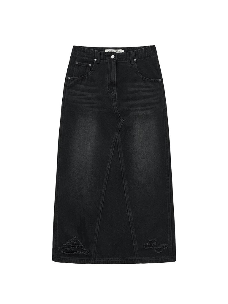 Mattengkim Damage Point Long Denim Skirt In Black