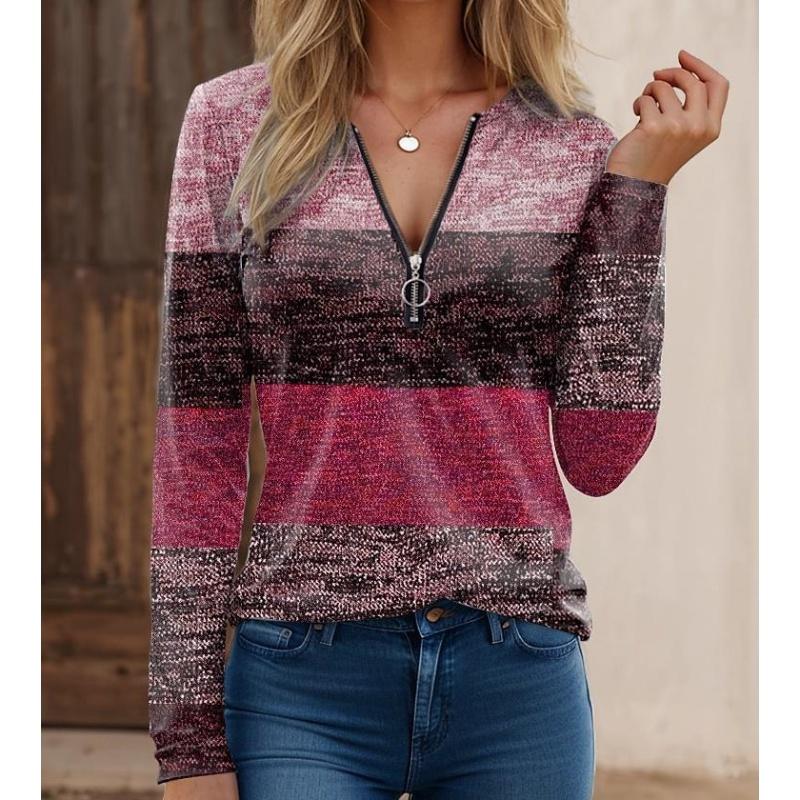 Codzienny T-shirt damski z dekoltem w serek, długim rękawem i zamkiem błyskawicznym, w bloki kolorystyczne, moda high street, wszechstronny top