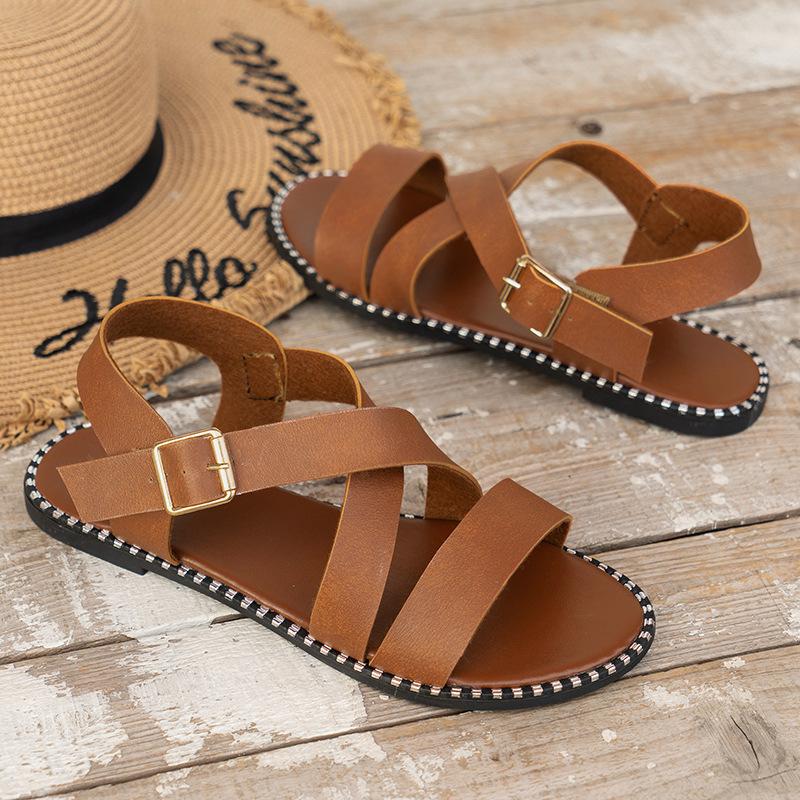 

Flat-soled sandals women s summer new round head solid color one-word buckle outer wear large size women s shoes size 43 36