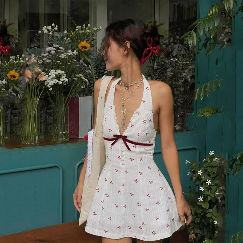 

Temperament Slim-fit Dress V-neck Halter Print Halter Commuter Dress L белый
