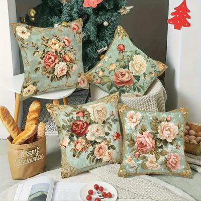Vintage Light Green Rose Pattern Home Decor Pillowcase Living Room Sofa Polyester Cushion Cover with Zipper