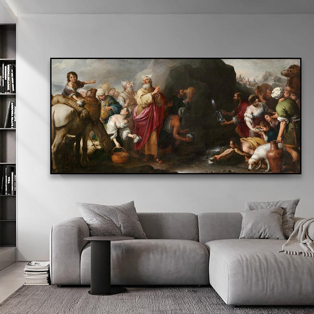 

Великий старовинний плакат із картиною маслом Бартоломе Естебан Мурільйо, принт «Мойсей, що вдаряє в скелю», галерея картин на полотні, настінний художній декор 20x40cm no frame