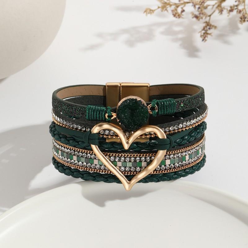Boho Layered Leather Wrap Bracelet With Natural Stone Heart Charm Women
