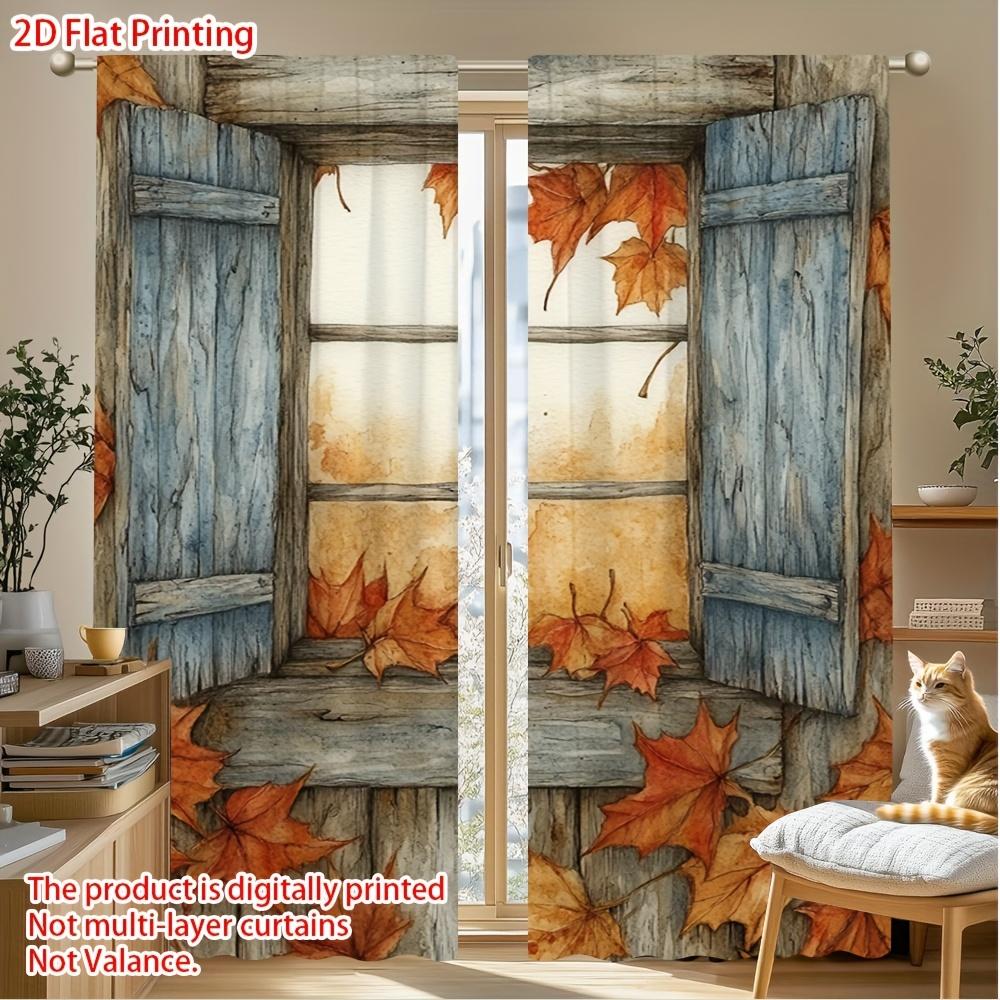 2PCS Thanksgiving Fall Curtains, Wooden Door Maple Leaf, Digital Print, Bedroom Living Room, Office, Kitchen, Bathroom