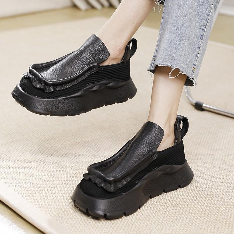 Johnature Vintage Flat Platform Shoes Women Handmade Round Toe Solid Color Comfortable Thick Sole Slip-on Shoes