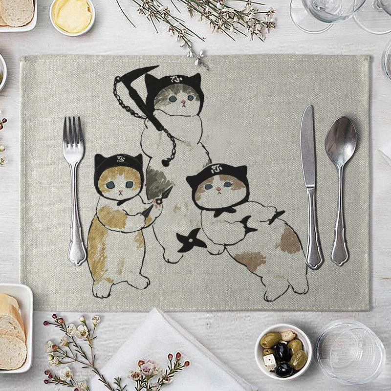 1 Pcs Dining Table Mats Cute Funny Cat Pattern Kitchen Placemat Drink Coasters Western Pad Cotton Linen Cup Mat Table Dining