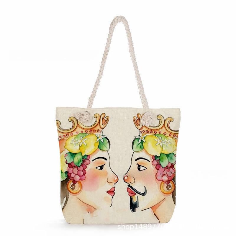 Multifunctional Bohemian Figures Printed Thick Rope Shoulder Beach Bag 7574