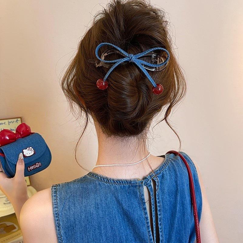 New Denim Bow Cherry Twist Hair Clips for Woman Girl Sweet Exquisite Vintage Long Hair Holder Hairpin Barrette Hair Accessories
