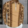 Men Plus Size Long Sleeve Collared Quarter Zip Polo Shirt Blue Geometric Printed