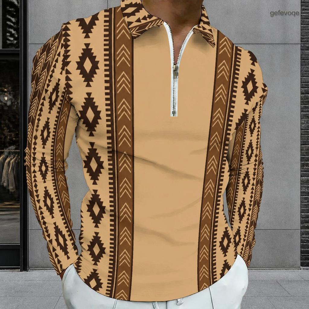 Men Plus Size Long Sleeve Collared Quarter Zip Polo Shirt Blue Geometric Printed