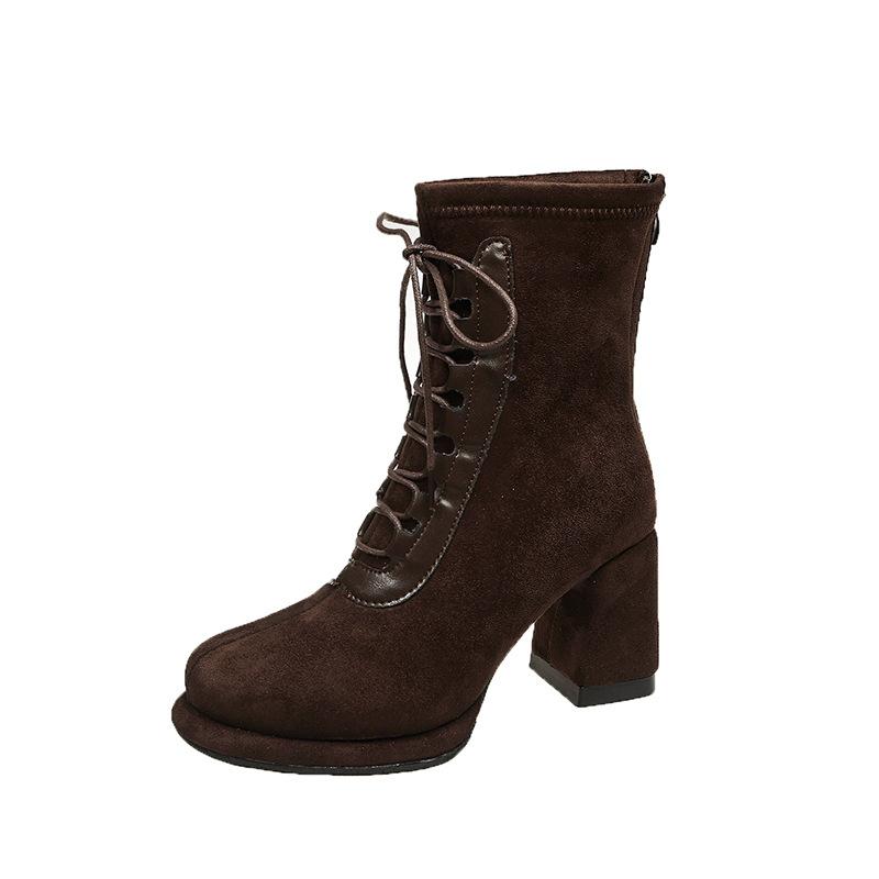 Women's heightening rough cotton round head suede new small back zipper boots straps autumn and winter fashion boots high heel