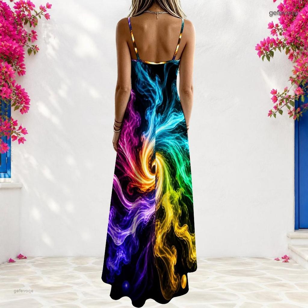 Women Plus Size Off Shoulder V Neck Spaghetti Strap Sleeveless Colorful Swirl Print A Line Long Dress