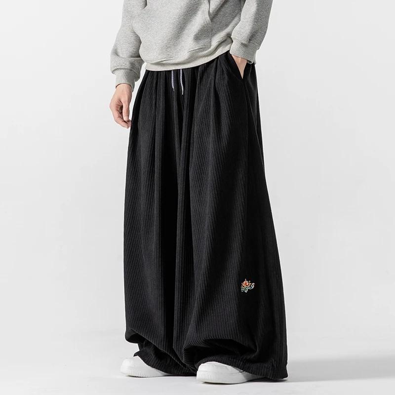 Pánské manšestrové silné kalhoty s širokými nohavicemi Pánské volné teplé kalhoty v japonském stylu Pánské ležérní vyšívané hip hopové kalhoty Pánské streetwearové kalhoty