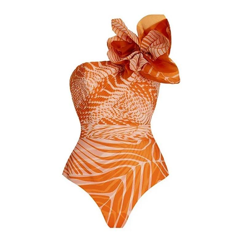 Women s one-piece swimsuit: single-shoulder salmon print one-piece swimsuit S