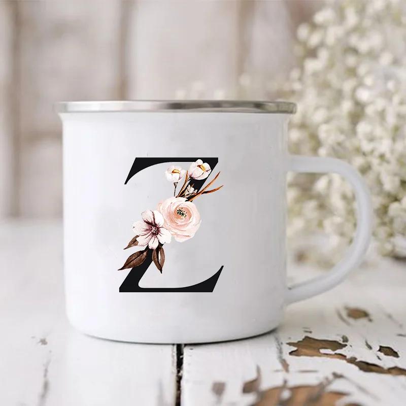 Initial Letter Print Mugs Enamel Creative Coffee Cups Drinks Wine Juice Milk Cup Vintage Home Office Handle Drinkware Best Gifts